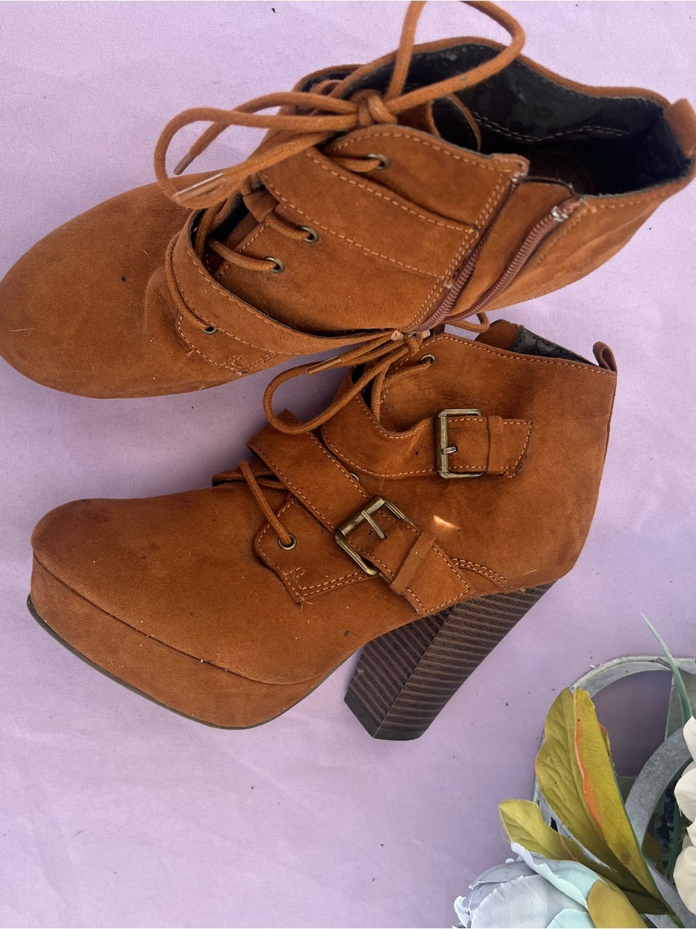 Report Brown Suede Platform Ankle Booties with Buckle Straps